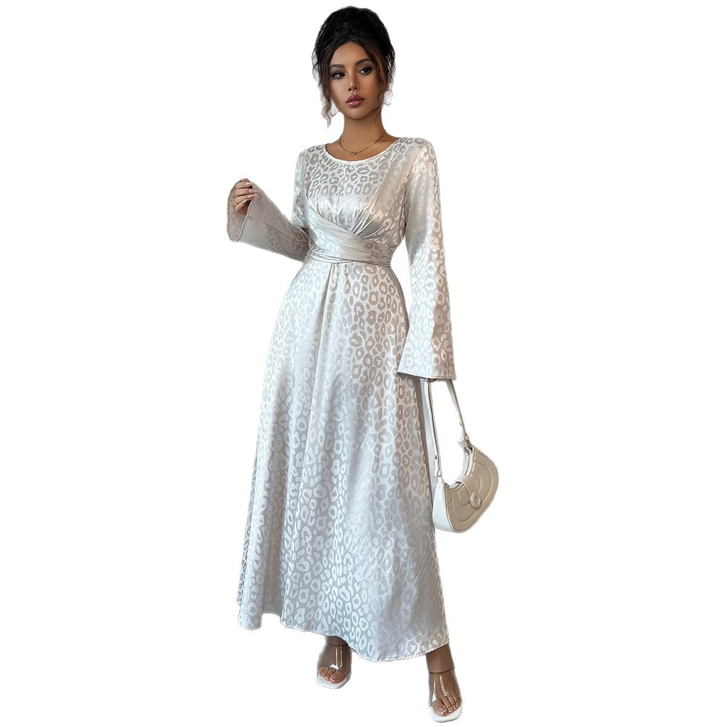 Elegant Lace Satin Maxi Dress | Long Sleeve High Waist Women's Gown