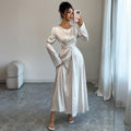 Elegant Lace Satin Maxi Dress | Long Sleeve High Waist Women's Gown