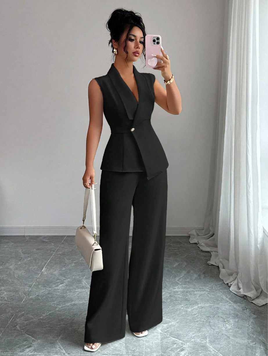 Elegant Sleeveless Blazer & Wide-Leg Pants Set | Women's Office Wear
