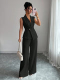 Elegant Sleeveless Blazer & Wide-Leg Pants Set | Women's Office Wear