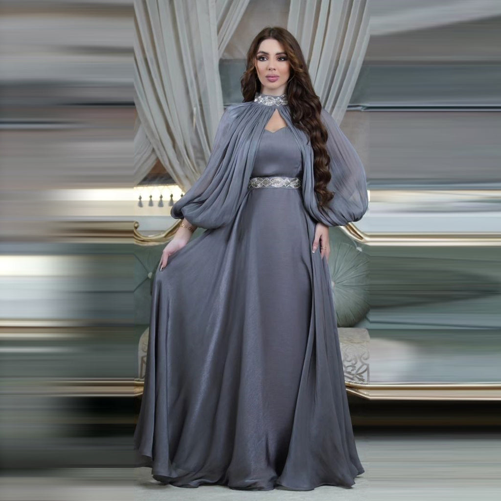 Elegant Satin Abaya Robe | Crystal Embellished Two-Piece Women's Dress