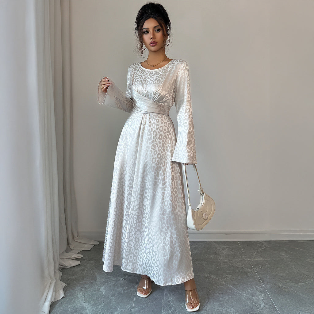 Elegant Lace Satin Maxi Dress | Long Sleeve High Waist Women's Gown