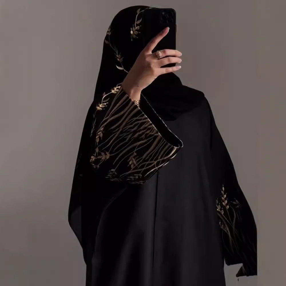 Black Gold Embroidered Abaya | Luxury Batwing Outer Robe for Women