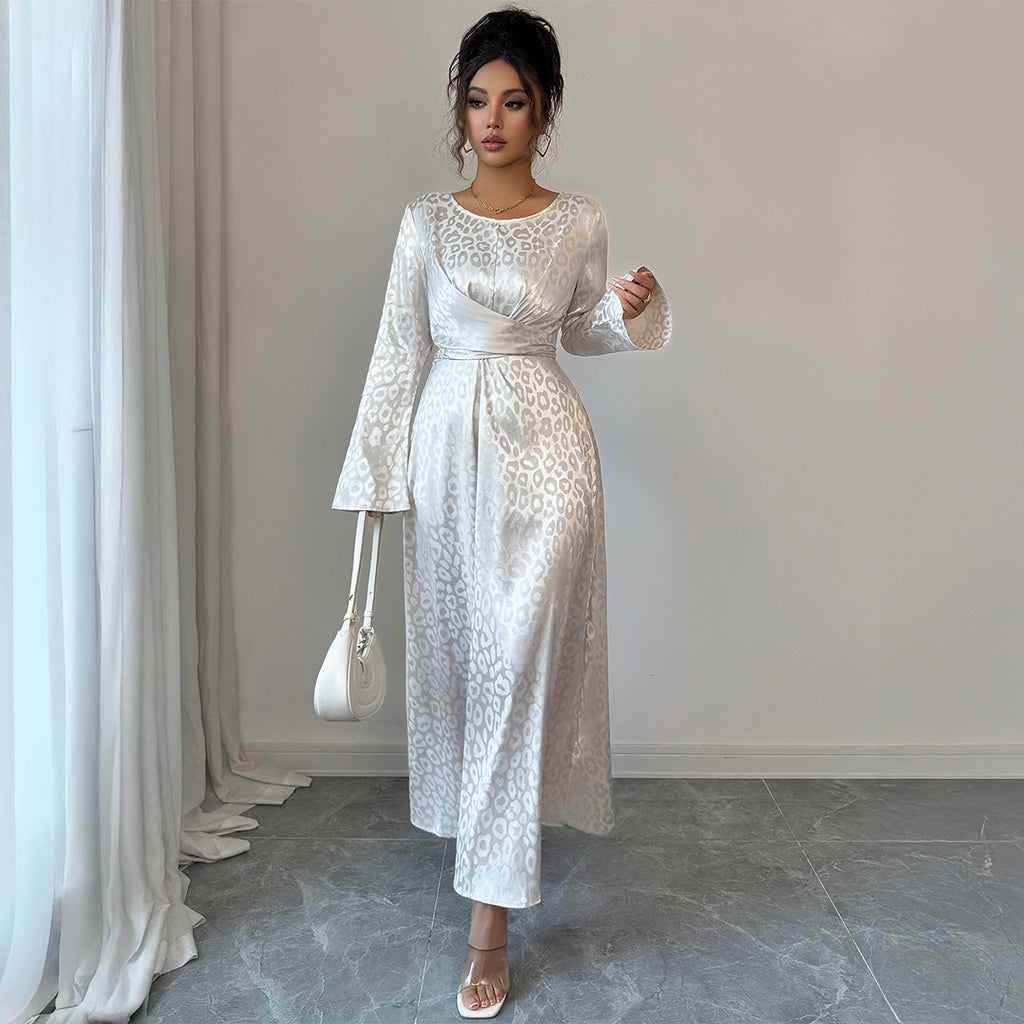 Elegant Lace Satin Maxi Dress | Long Sleeve High Waist Women's Gown