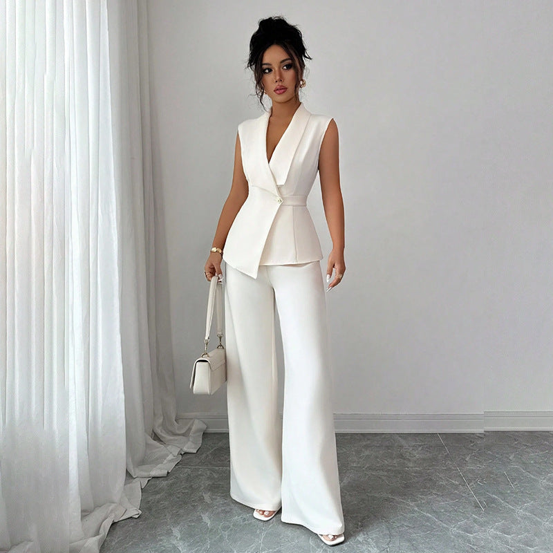 Elegant Sleeveless Blazer & Wide-Leg Pants Set | Women's Office Wear