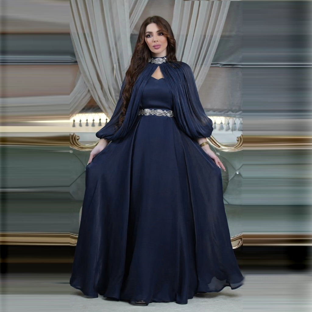 Elegant Satin Abaya Robe | Crystal Embellished Two-Piece Women's Dress