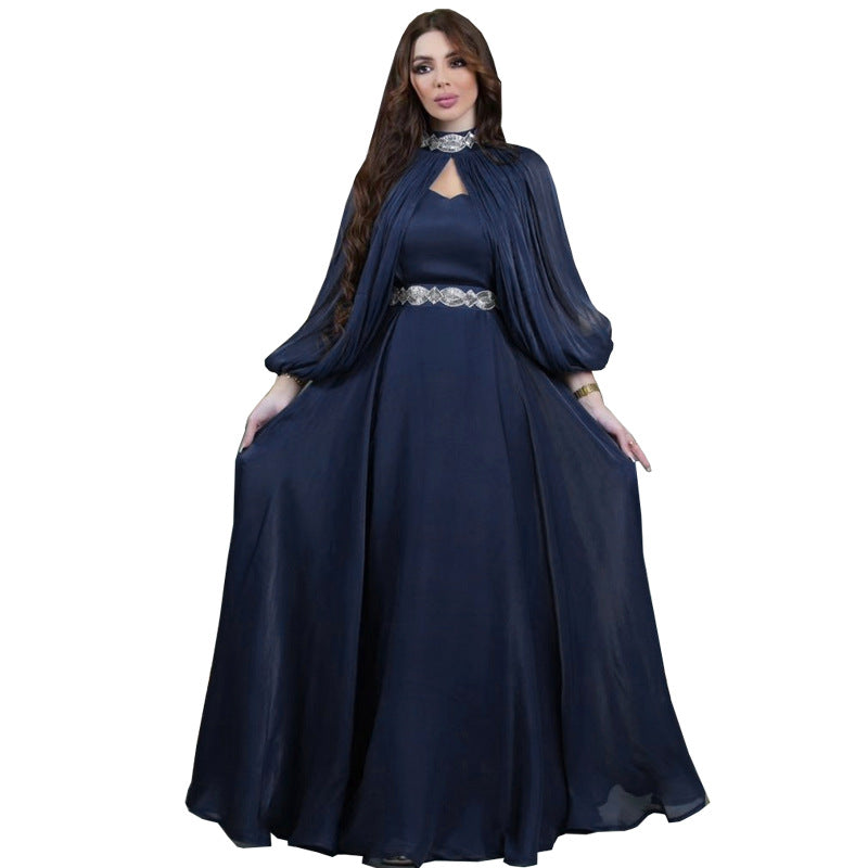 Elegant Satin Abaya Robe | Crystal Embellished Two-Piece Women's Dress