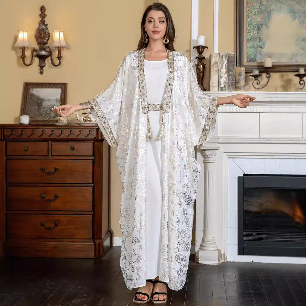 Elegant White Embroidered Kaftan | Luxury Women's Abaya Robe