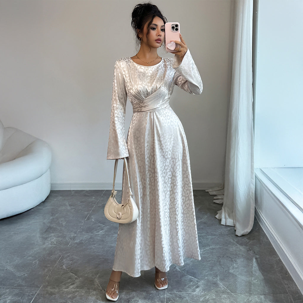 Elegant Lace Satin Maxi Dress | Long Sleeve High Waist Women's Gown