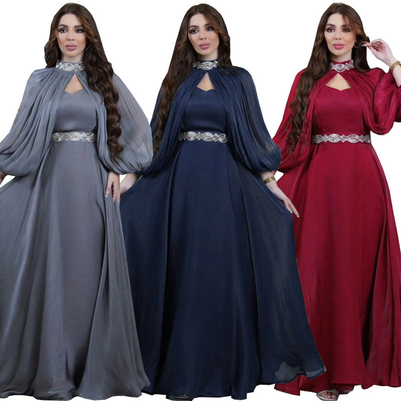 Elegant Satin Abaya Robe | Crystal Embellished Two-Piece Women's Dress
