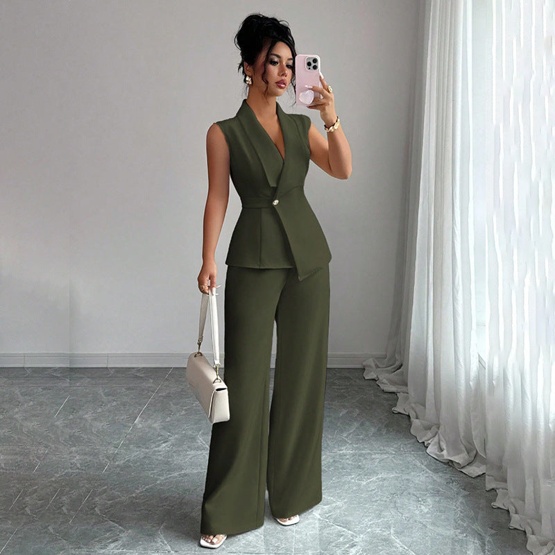 Elegant Sleeveless Blazer & Wide-Leg Pants Set | Women's Office Wear