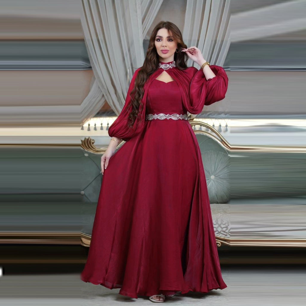 Elegant Satin Abaya Robe | Crystal Embellished Two-Piece Women's Dress