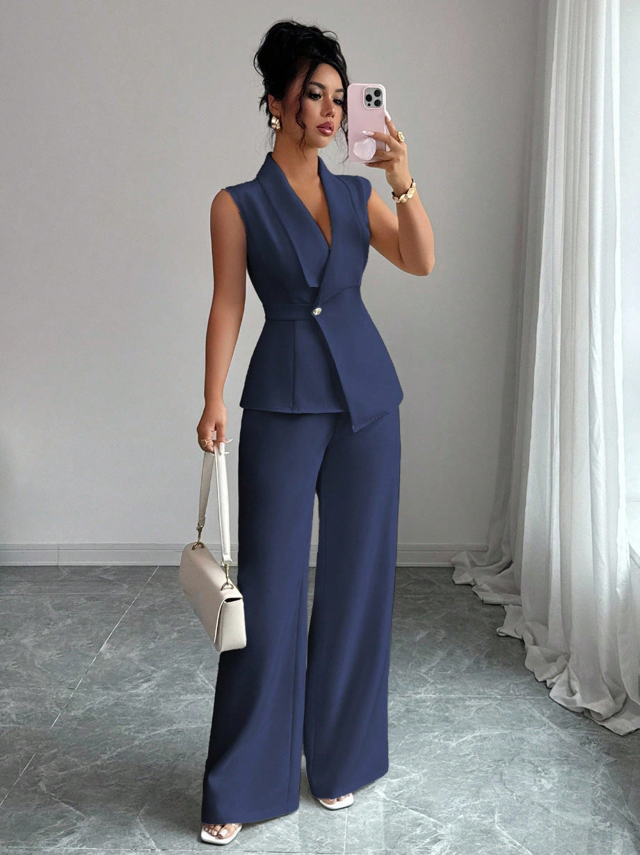 Elegant Sleeveless Blazer & Wide-Leg Pants Set | Women's Office Wear
