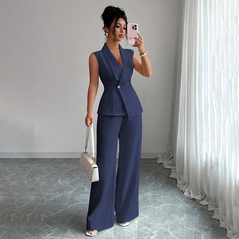 Elegant Sleeveless Blazer & Wide-Leg Pants Set | Women's Office Wear