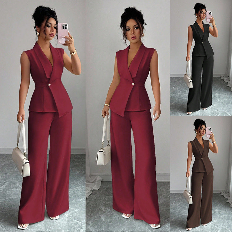 Elegant Sleeveless Blazer & Wide-Leg Pants Set | Women's Office Wear
